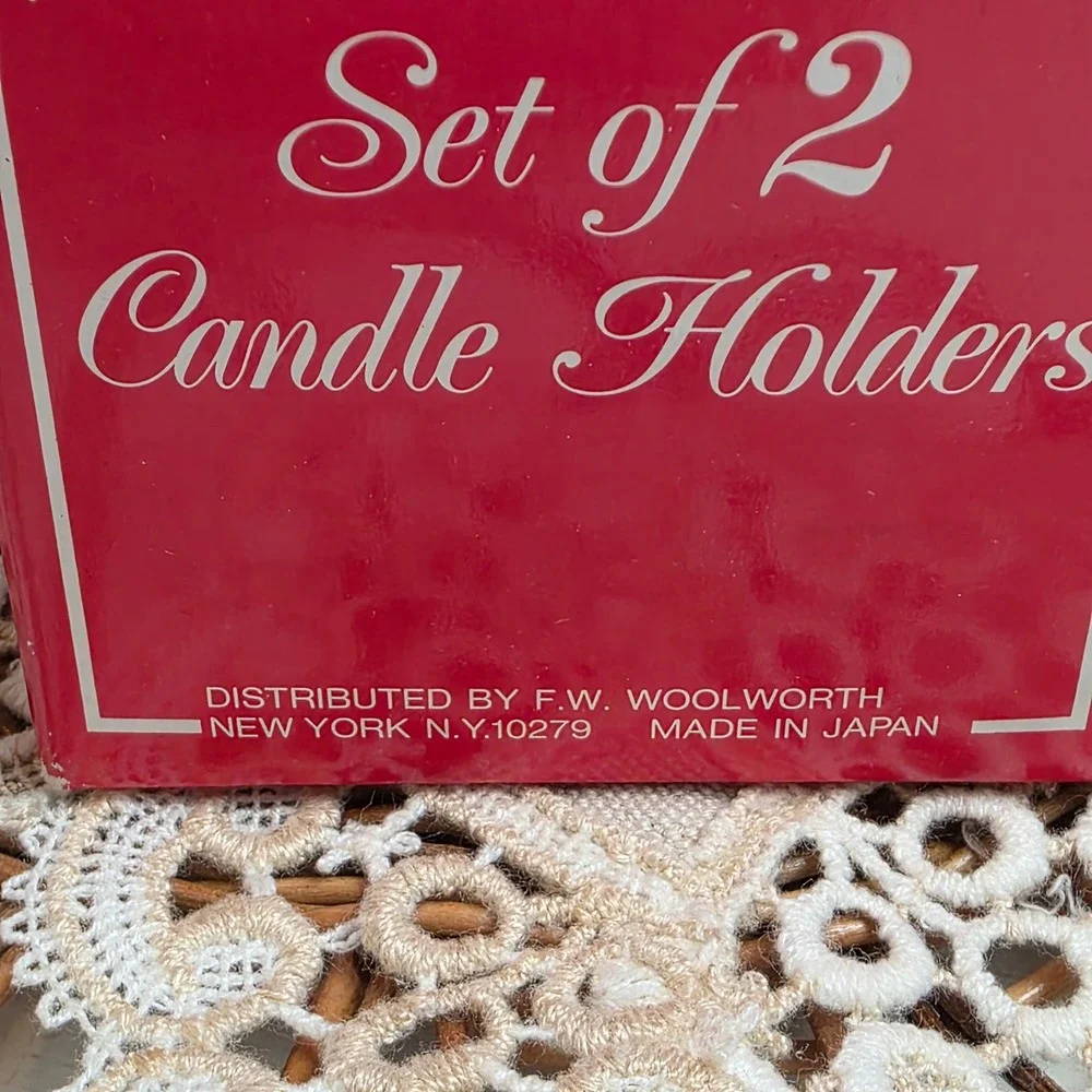 Vintage Woolworth Porcelain Christmas Holly Berry Pinecone Candlesticks Gold Rim